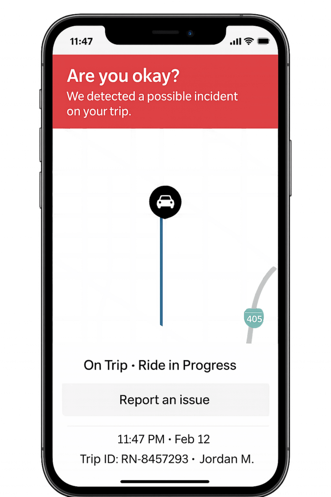 A smartphone screen showing a ride-share safety alert with a red banner reading “Are you okay? We detected a possible incident on your trip,” a map with a car icon marking the vehicle’s location, and options indicating an active ride in progress, a button to report an issue, the time and date, and a trip ID displayed at the bottom.