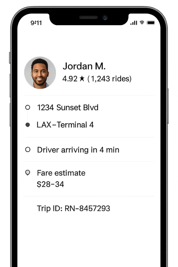 A smartphone screen showing a rideshare trip details page with the driver’s profile photo, name “Jordan M.”, a 4.92 star rating based on 1,248 rides, pickup location listed as 1234 Sunset Blvd, destination shown as LAX Terminal 4, a notice that the driver is arriving in 4 minutes, an estimated fare range of $28–34, and a trip ID displayed at the bottom.