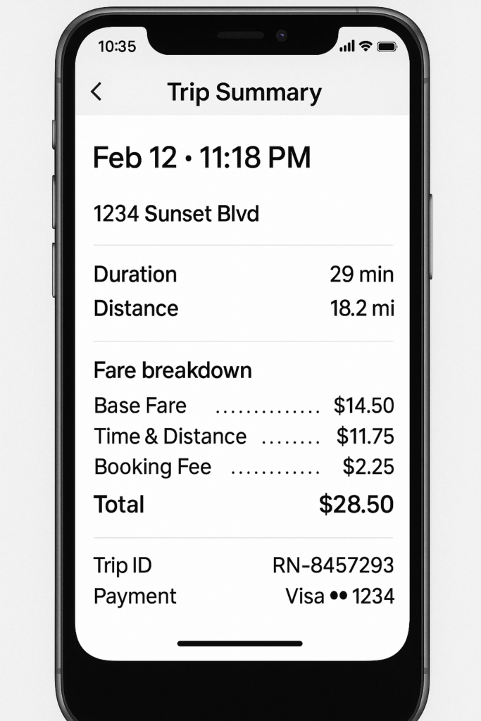 A smartphone screen displaying a ride-share trip summary with the date and time of the trip, pickup address, total duration and distance traveled, a detailed fare breakdown including base fare, time and distance charges, booking fee, and total cost, along with the trip ID and masked payment method shown at the bottom.